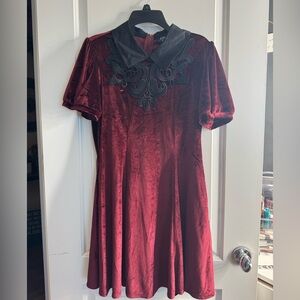 Velvet Short-Sleeve A-Line Dress in Burgundy
